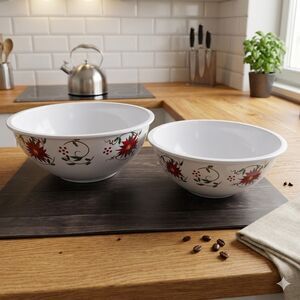 Temptations Seasonal Poinsettia Cardinal 2 pc Nesting Mixing Bowls Set